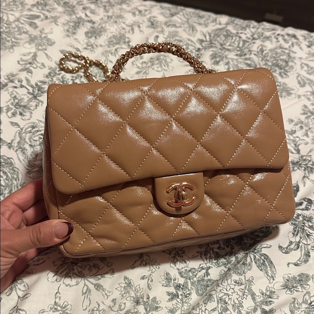 Tan Quilted Leather Bag with Gold Chain